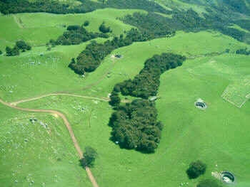 Aerial view, showing the three gun-pits and the road leading down to the main entrance