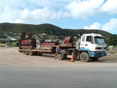 The Ruston-Hornsby on Waiheke, being trucked to Stony Batter.